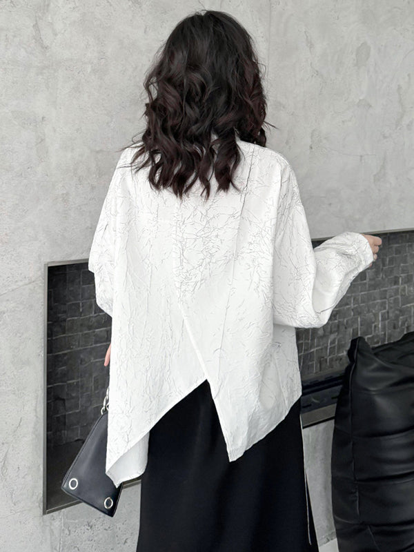 Abstract Printed Asymmetric Buttoned Wrinkled Irregularity Long Sleeves Lapel Blouses&Shirts Tops