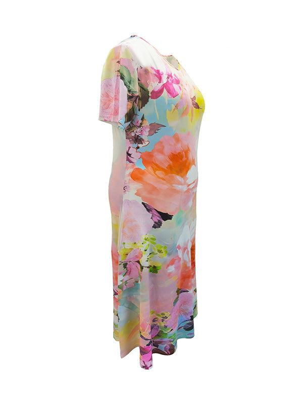 Flower Print Pockets A-Line Loose Round-Neck Midi Dresses