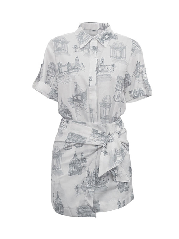 Lapel Loose Buttoned Printed Blouses Tops + Tied Bodycon Skirts bottom Two Pieces Set