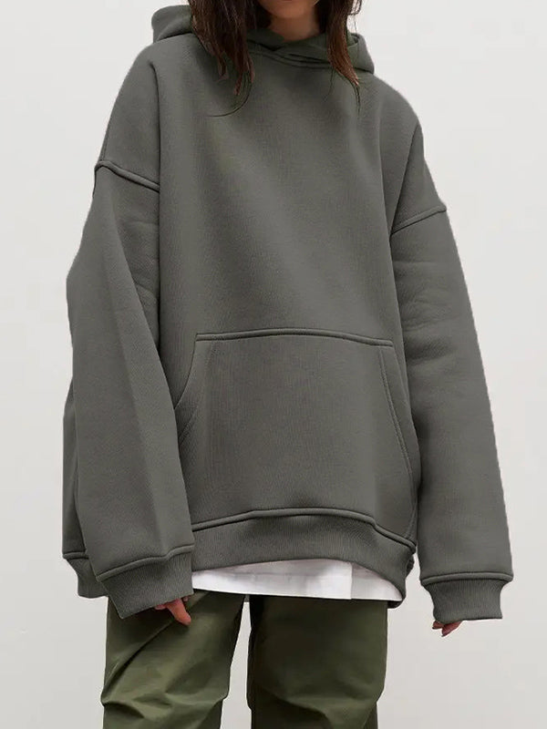 Pockets Solid Color Velvet Long Sleeves Loose Hooded Hoodies Tops