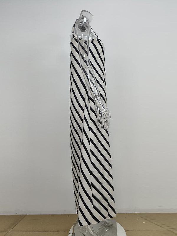 Striped High Waisted Loose Spaghetti-Neck Maxi Dresses