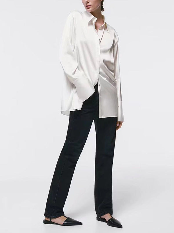 Casual Loose Long Sleeves Buttoned Solid Color Lapel Collar Blouses&Shirts Tops