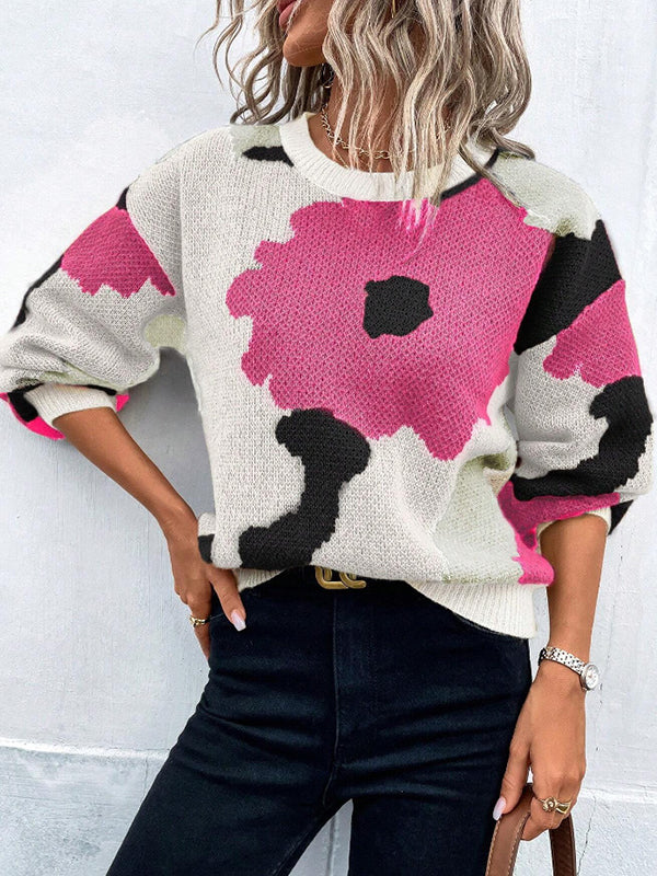 Asymmetric Knitted Flower Split-Joint Loose Puff Sleeves Round-Neck Sweater Tops
