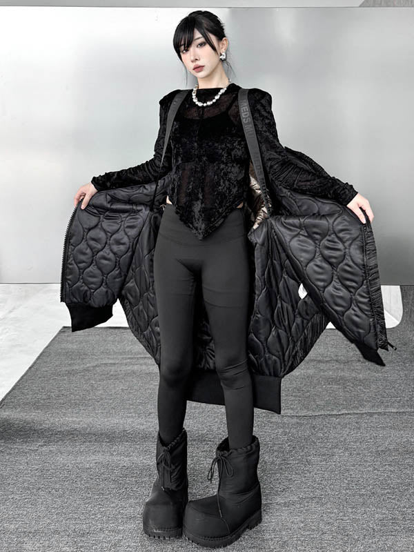 Abstract Printed Contrast Color Split-Joint Zipper High-Low Irregularity Hooded Overcoat Outerwear