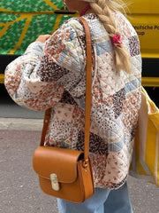 Buttoned Flower Print Pleated Pockets Quilted Split-Joint Long Sleeves Loose Round-Neck Padded Coat