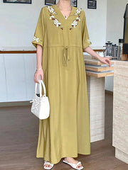 Drawstring Embroidered Split-Joint Half Sleeves Loose V-Neck Maxi Dresses