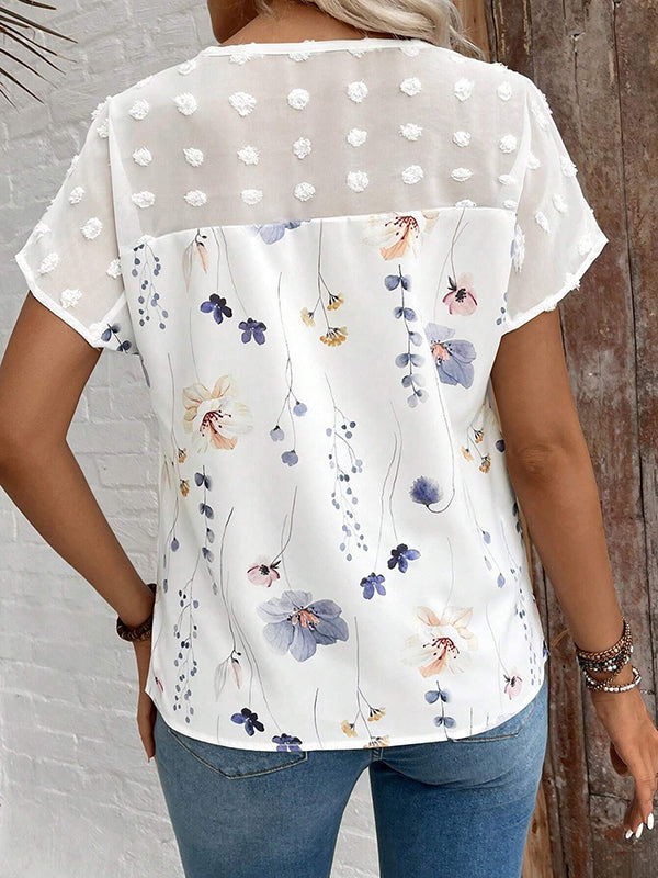 Flower Print Jacquard Split-Joint Loose Short Sleeves V-Neck T-Shirts Tops