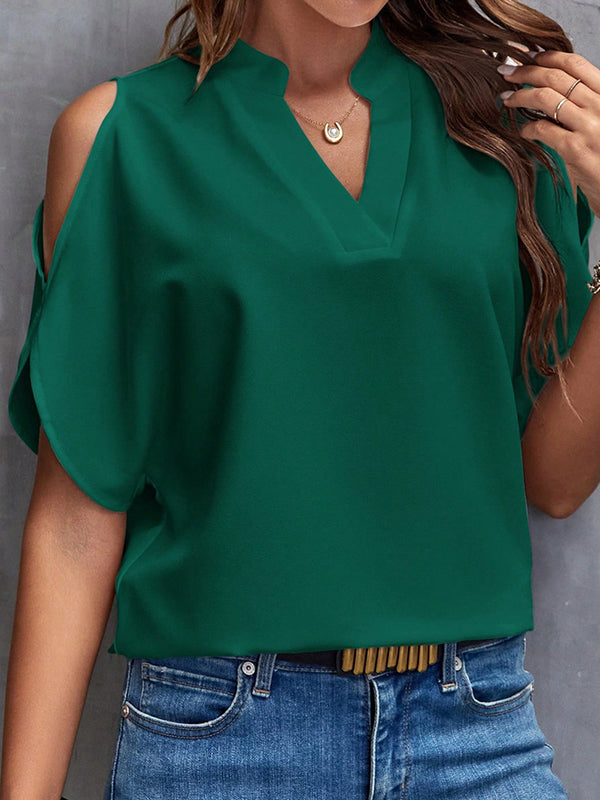 Hollow Solid Color Half Sleeves Loose Cold shoulder T-Shirts Tops