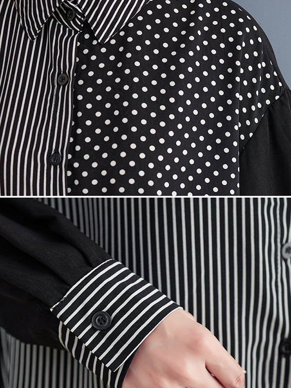 Loose Oversize Striped Polka-Dot Split-Joint Blouse Top A-Line Skirt Bottom Two Pieces Set