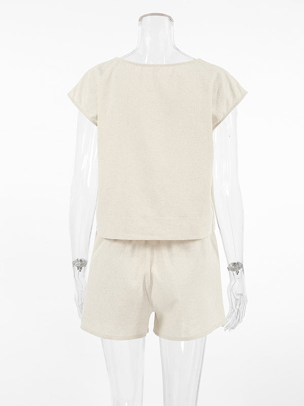 Round-Neck Loose Sleeveless Solid Color Split-Joint Vest Top + Elasticity Shorts Bottom Two Pieces Set