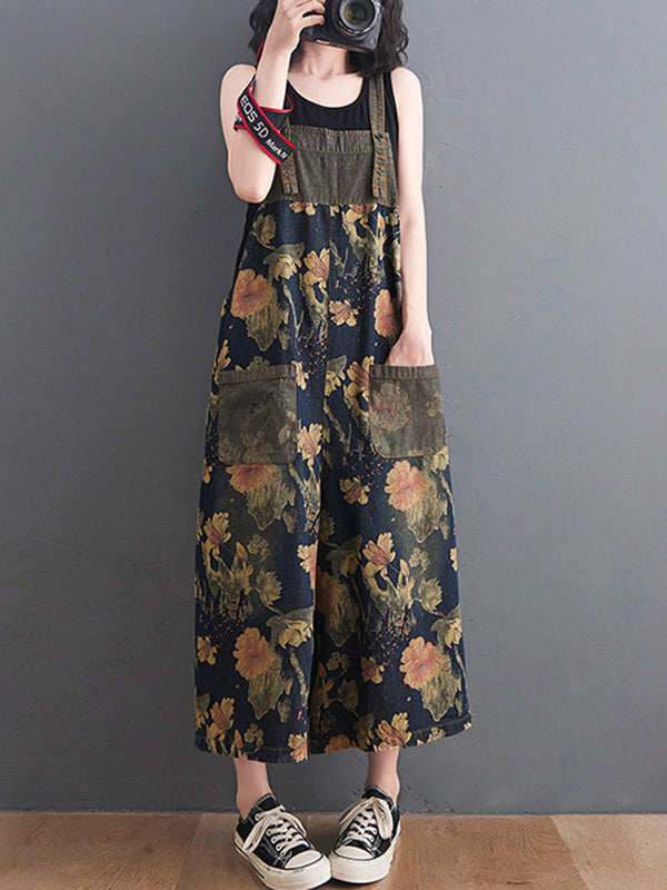Buttoned Floral Printed Split-Joint Loose Oversize Overalls Ninth Pants