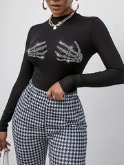 Rhine Stones Long Sleeves Skinny Round-Neck T-Shirts Tops