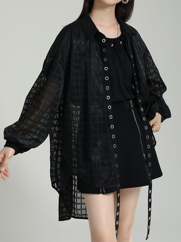 Gauze See-Through High-low Long Sleeves Round-neck Blouses&shirts Tops
