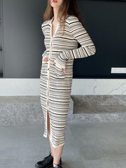 Long Sleeves Skinny Buttoned Pockets Striped Lapel Cardigan Coats Knitwear