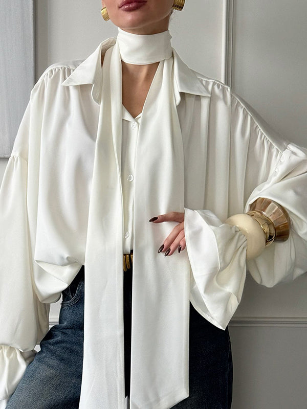Double Layered Elasticity Solid Color Tied Flared Sleeves Long Sleeves V-Neck Blouses&Shirts Tops
