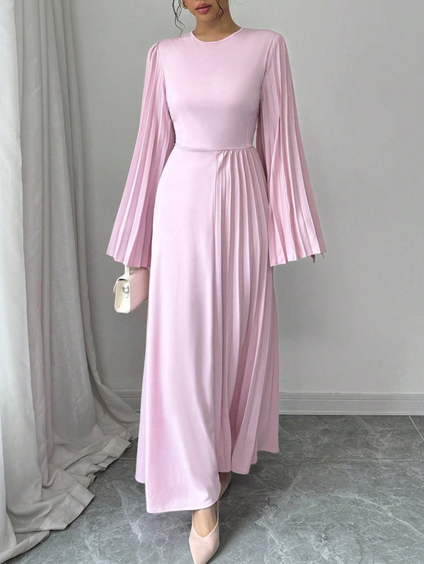 Pleated Solid Color Flared Sleeves Long Sleeves Round-Neck Maxi Dresses