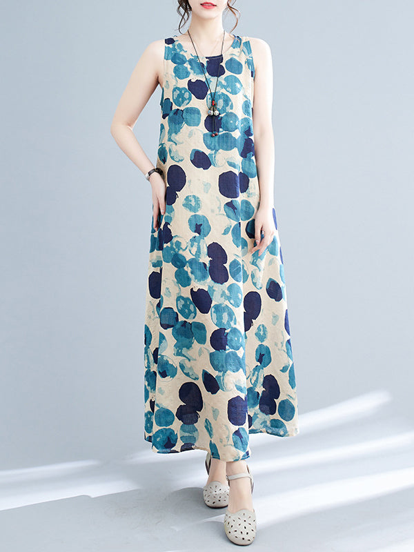 Polka-Dot Loose Sleeveless Round-Neck Maxi Dresses