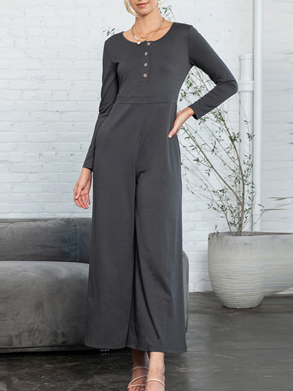 Buttoned Solid Color High Waisted Long Sleeves Round-Neck Jumpsuits