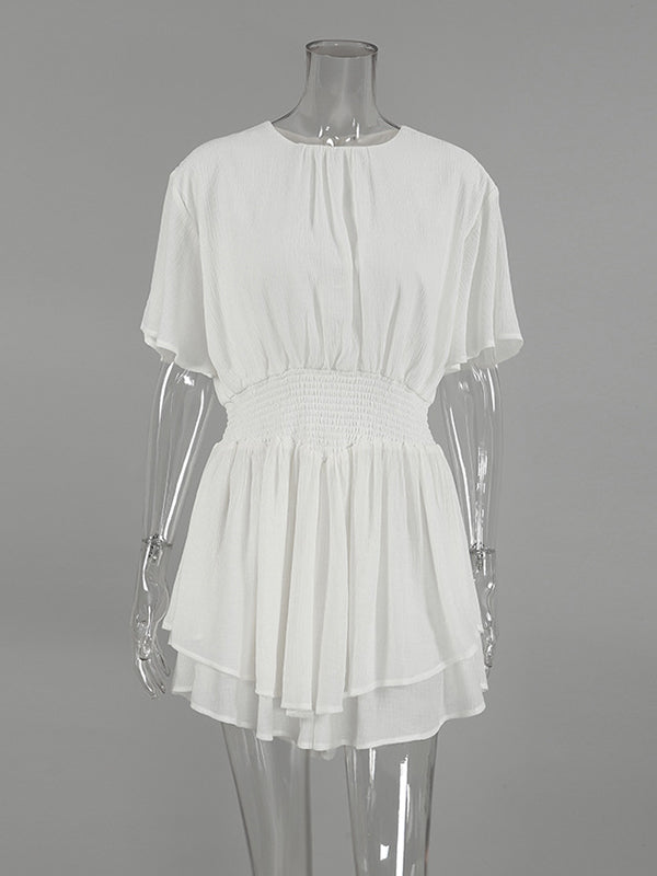 Falbala Solid Color Wrap Round-Neck Mini Dresses