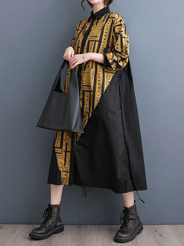 Asymmetric Contrast Color Printed Warp Knitting A-Line Long Sleeves Lapel Shirt Dress Midi Dresses