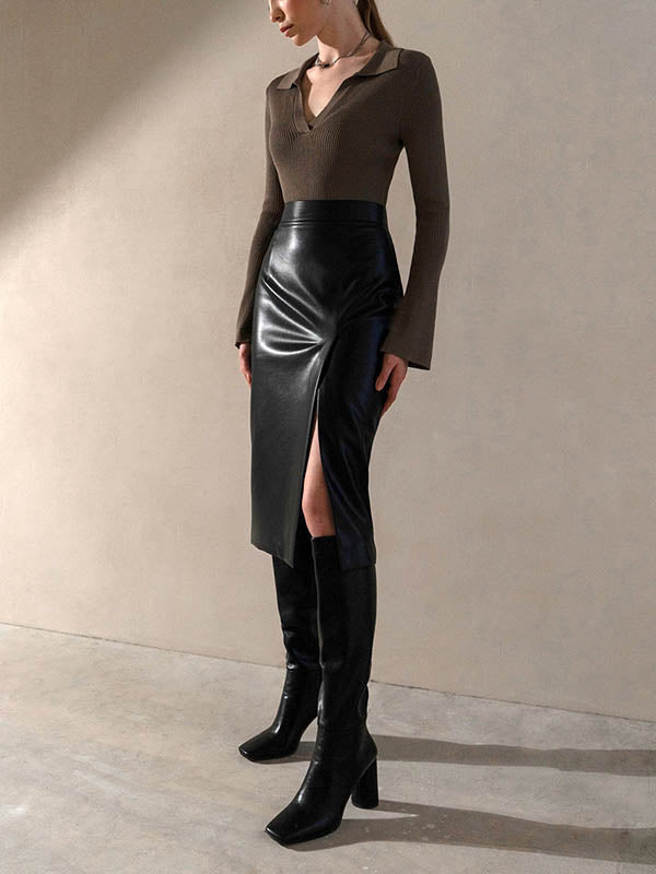 Solid Color Split-Front Zipper High Waisted Skirts Bottoms