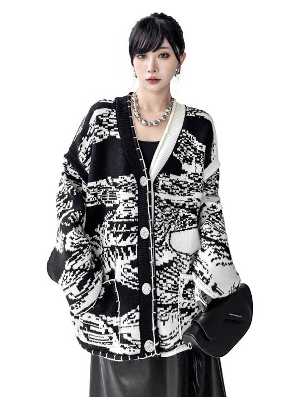 Abstract Printed Buttoned Contrast Color Pockets Split-Joint Long Sleeves Loose Collarless Outerwear Cardigan Tops
