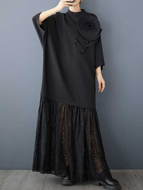 Solid Color Split-Joint Three-Dimensional Flower Long Sleeves Loose Mock Neck Maxi Dresses