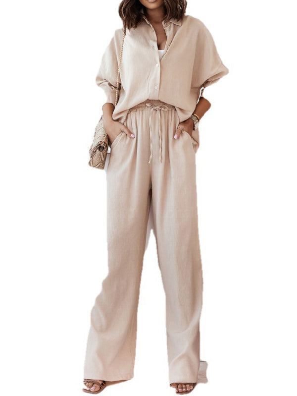 Solid Color Split-Joint High-Low Long Sleeves Buttoned Lapel Blouses + Drawstring Pants Two Pieces Set