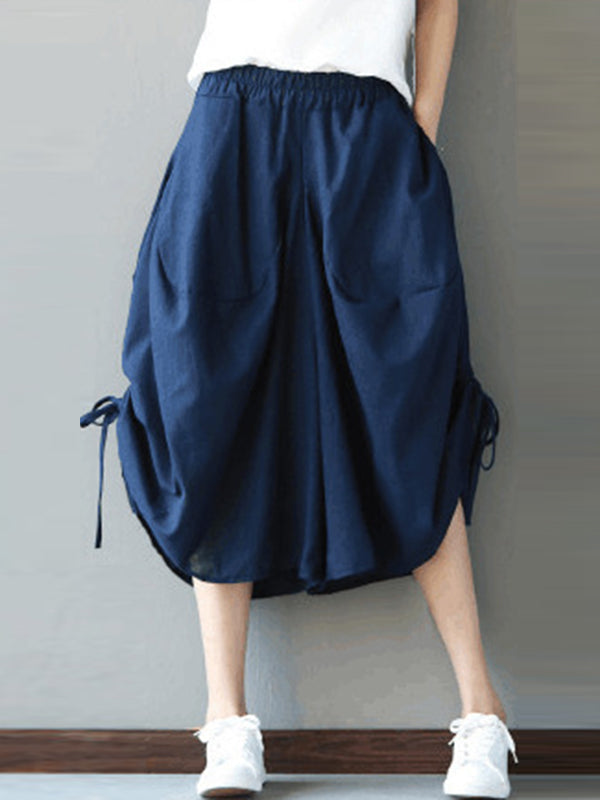 Drawstring Elasticity Solid Color Split-Joint High Waisted Loose Pants Cropped Trousers