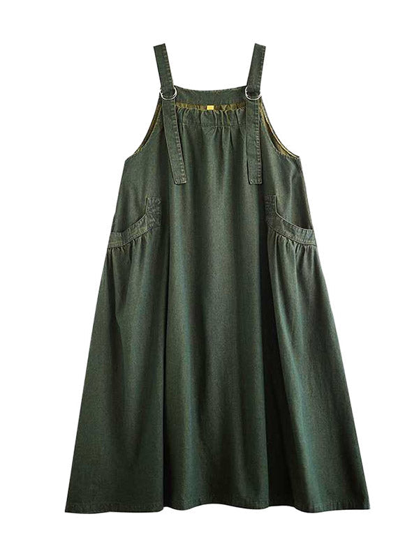 Pleated Pockets Solid Color Split-Joint A-Line Loose Spaghetti-Neck Suspender Dress