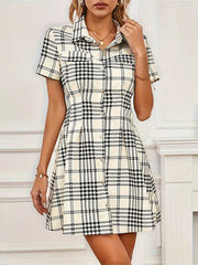 Buttoned Contrast Color Plaid Pleated High Waisted Short Sleeves Lapel Shirt Dress Mini Dresses