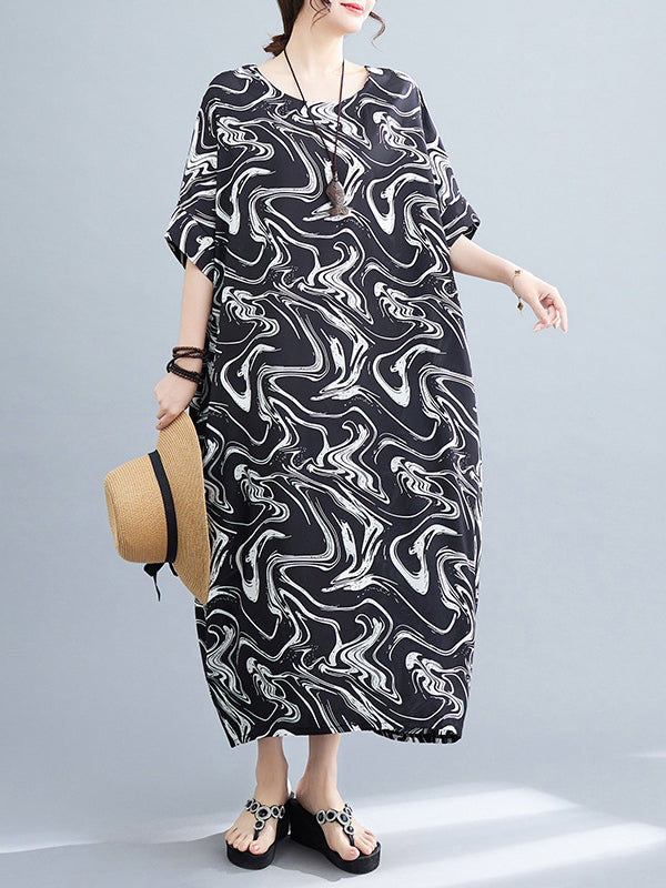 Printed Loose Short Sleeves Round-Neck Midi Dresses