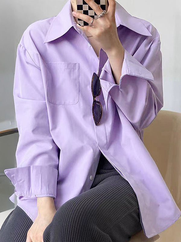 Buttoned Pockets Solid Color Long Sleeves Loose Lapel Blouses&Shirts Tops