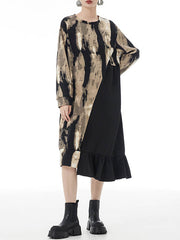 Asymmetric Contrast Color Ruffled Split-Joint Long Sleeves Loose Round-Neck Midi Dresses
