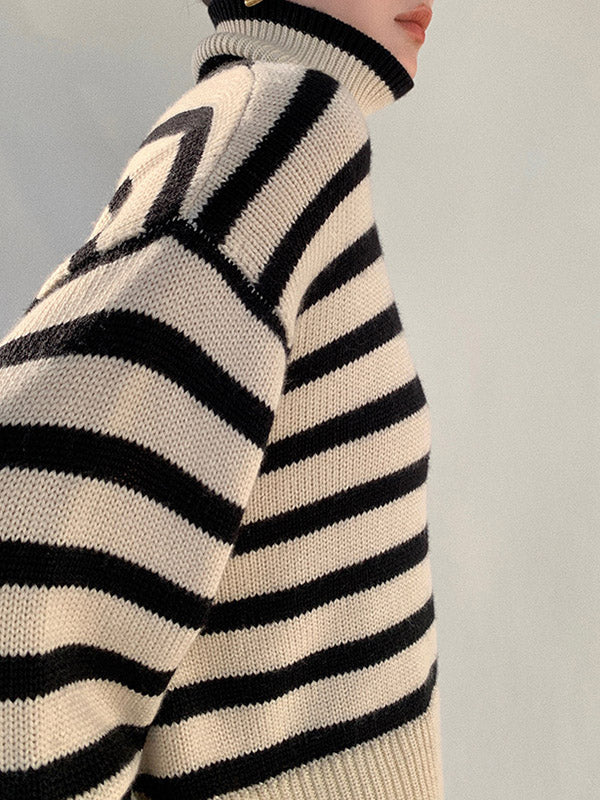 Contrast Color Pleated Split-Joint Split-Side Striped Patterns Long Sleeves Loose High Neck Sweater Tops