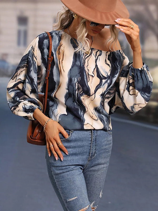 Asymmetric Printed Long Sleeves Loose One-Shoulder Blouses&Shirts Tops