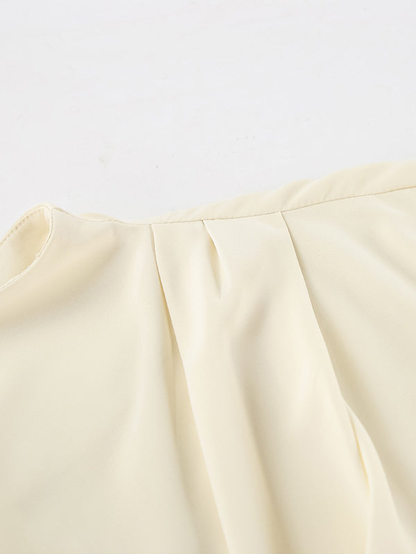 Pleated Solid Color Zipper Flared Sleeves Long Sleeves Stand Collar Blouses&Shirts Tops