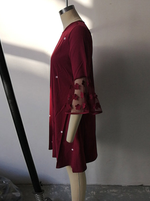Mesh Polka-Dot Split-Joint Three-Dimensional Flower A-line Loose Round-neck Mini Dresses