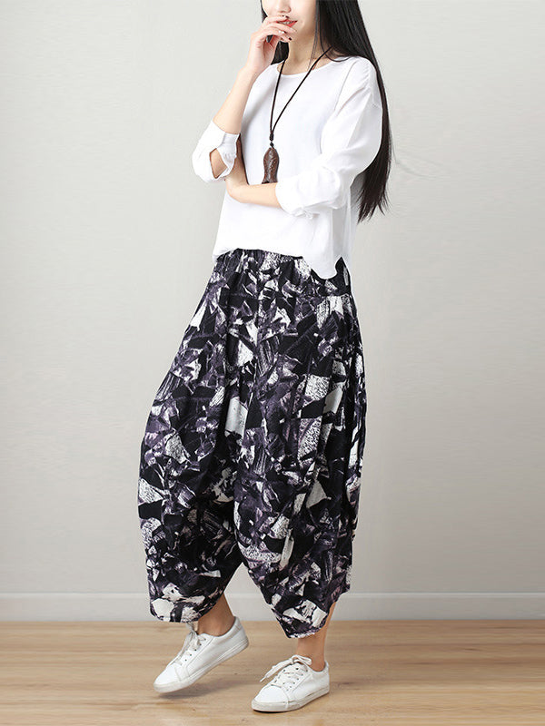 Artistic Retro Ramie Cotton Original Printed Elasticity Harem Pants