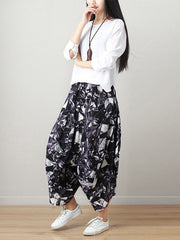 Artistic Retro Ramie Cotton Original Printed Elasticity Harem Pants