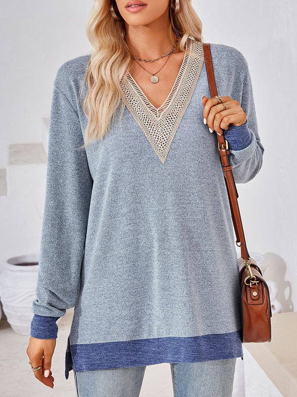 Hollow Split-Joint Split-Side Long Sleeves Loose V-Neck T-Shirts Tops