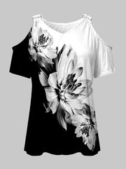 Flower Print Split-Joint Loose Short Sleeves Cold Shoulder T-Shirts Tops