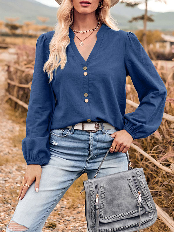 Buttoned Elasticity Long Sleeves Loose V-neck Blouses&shirts Tops