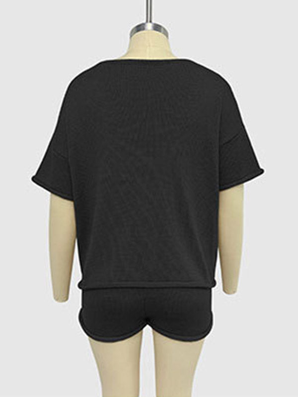 Loose Solid Color Split-Joint Round-Neck Shirt + High Waisted Shorts Two Pieces Set