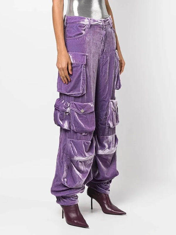 No Belt Pockets Solid Color High Waisted Loose Trousers Pants