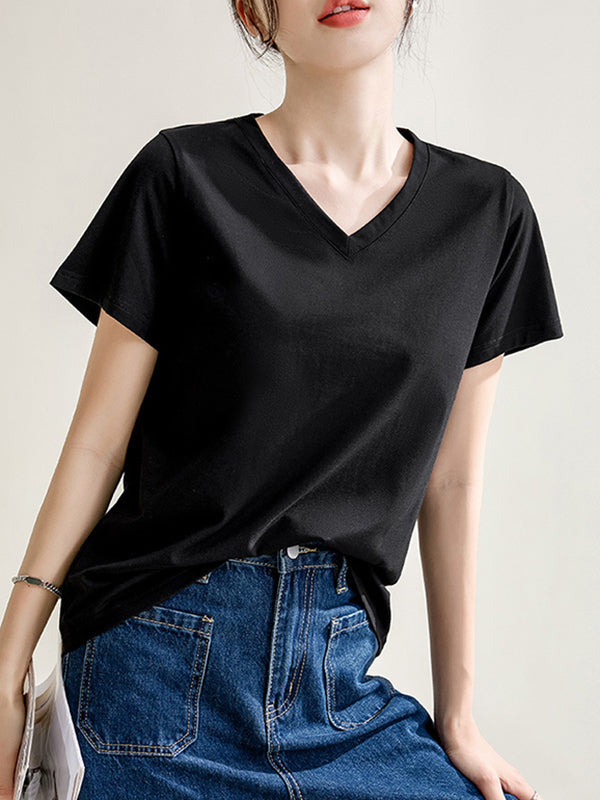 Solid Color Loose Short Sleeves V-Neck T-Shirts Tops