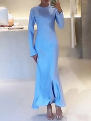 Solid Color A-Line High Waisted Round-Neck Maxi Dresses