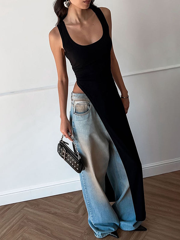 Asymmetric Solid Color Split-side Skinny Sleeveless Square-neck Tank Top