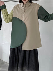 Asymmetric Buttoned Contrast Color Long Sleeves Loose Lapel Blouses&Shirts Tops