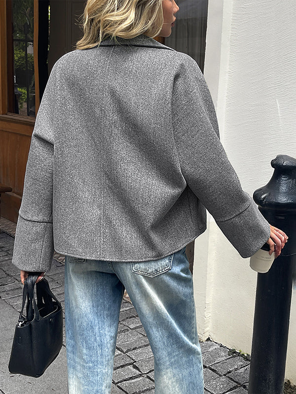 Pockets Solid Color Zipper Long Sleeves Lapel Outerwear Coats&Jackets